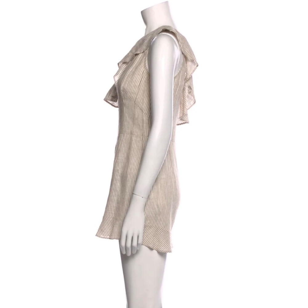 INTERMIX Linen Blended Pinstriped Beige/Cream, One Shoulder Ruffle Romper, Small - Picture 7 of 16